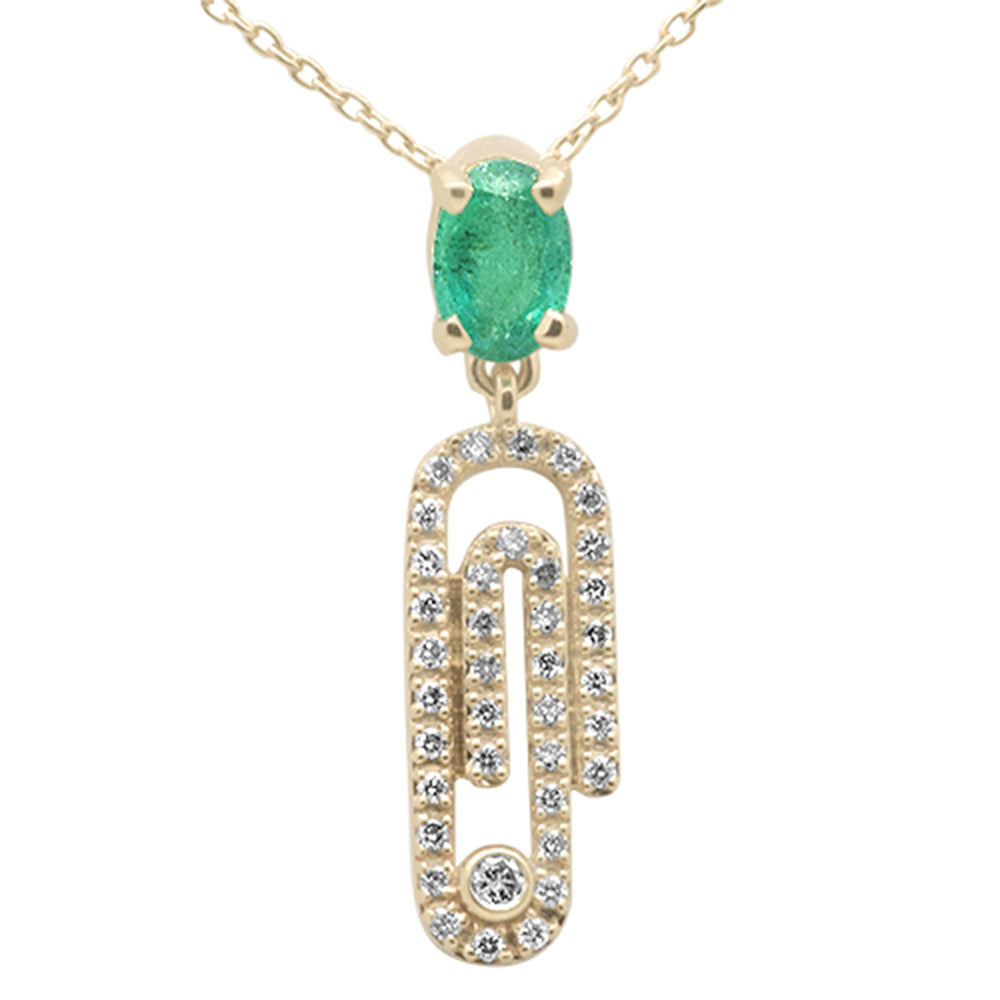 Muse Jewelry .66ct G SI 14K Yellow Gold Oval Emerald Gemstone & Diamond Paperclip Pendant Necklace 18"