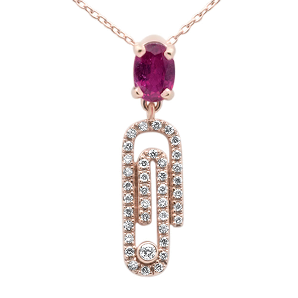 Muse Jewelry .92ct G SI 14K Rose Gold Oval Ruby Gemstone & Diamond Paperclip Pendant Necklace 18"