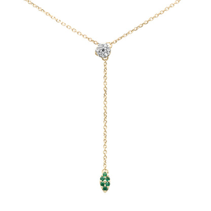 Muse Jewelry .11ct G SI 14K Yellow Gold Diamond & Emerald Gemstone Lariat Pendant Necklace 18" Long