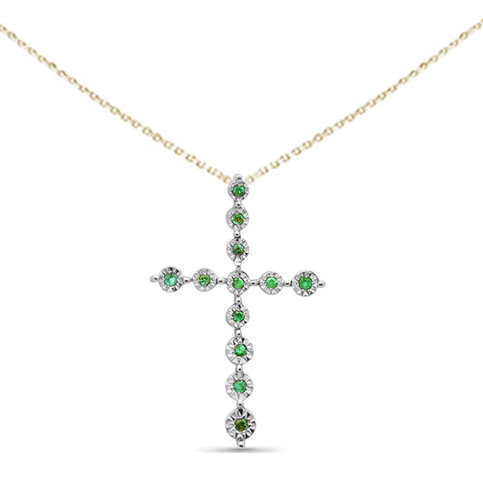 Muse Jewelry .09ct G SI 14K Yellow Gold Emerald Gemstone Cross Charm Pendant Necklace 18" Long