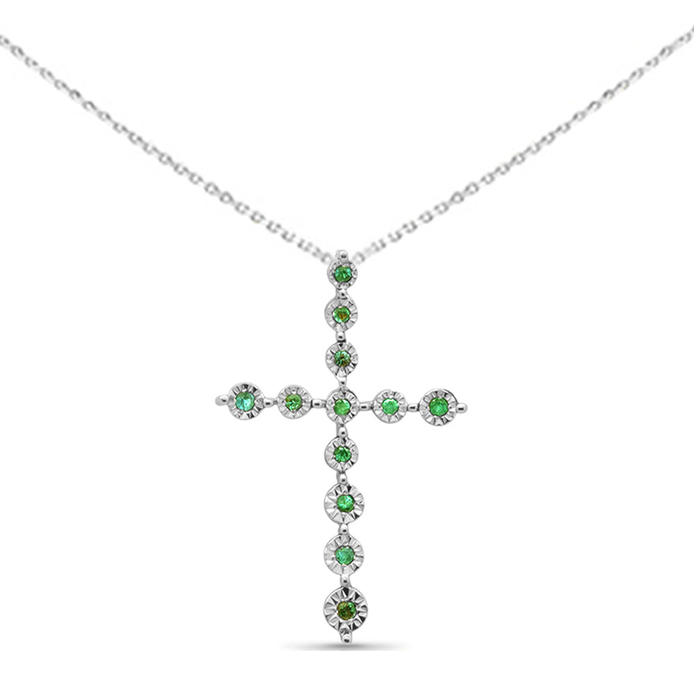 Muse Jewelry .07ct G SI 14K White Gold Emerald Gemstone Cross Charm Pendant Necklace 18" Long