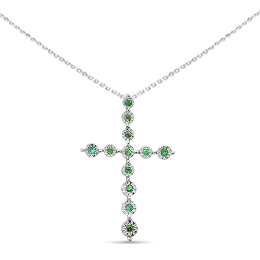 Muse Jewelry .07ct G SI 14K White Gold Emerald Gemstone Cross Charm Pendant Necklace 18" Long