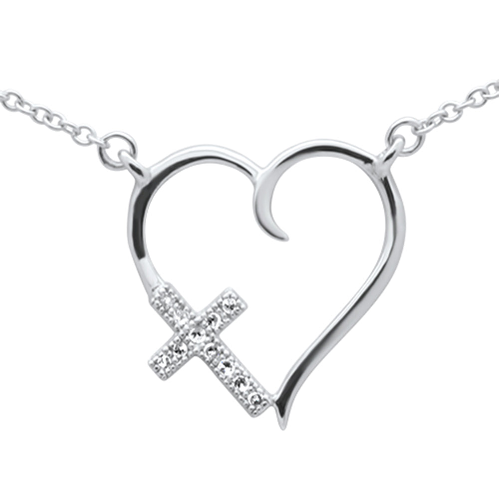 Muse Jewelry .03ct G SI 14K White Gold Diamond Heart with Cross Pendant Necklace 18" Long