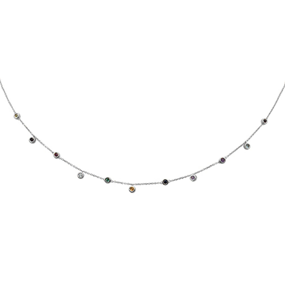 Muse Jewelry .37ct 14K White Gold Multi Color Gemstone Pendant Necklace 16+2"Ext Long Chain