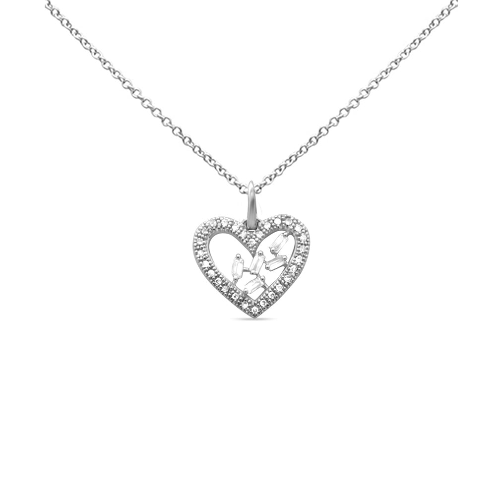 Muse Jewelry .16ct G SI 14K White Gold Round & Baguette Heart Diamond Pendant Necklace 18" Long