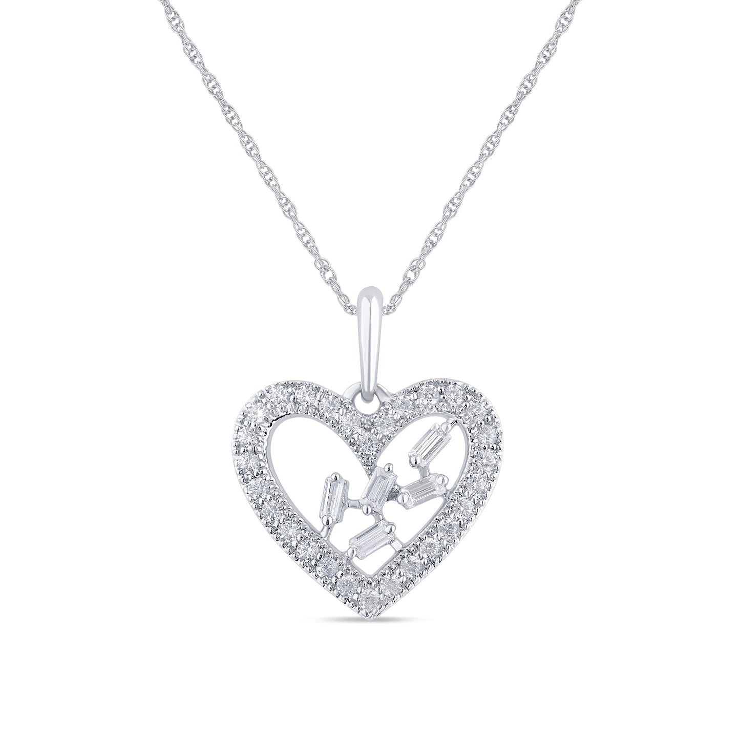 Muse Jewelry .16ct G SI 14K White Gold Round & Baguette Heart Diamond Pendant Necklace 18" Long