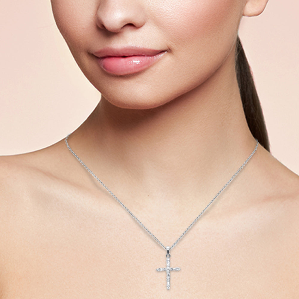 Muse Jewelry .21ct G SI 14K White Gold Round & Baguette Diamond Cross Pendant Necklace 18" Long