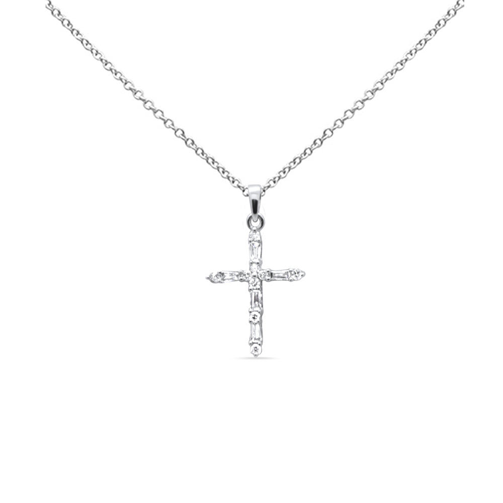 Muse Jewelry .21ct G SI 14K White Gold Round & Baguette Diamond Cross Pendant Necklace 18" Long