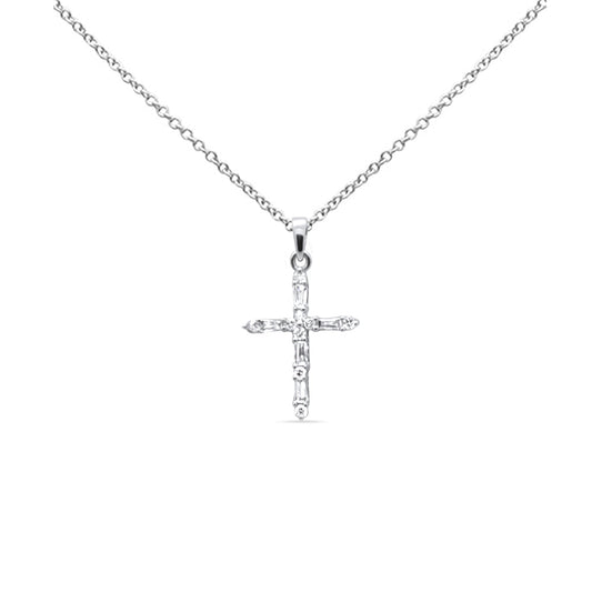 Muse Jewelry .21ct G SI 14K White Gold Round & Baguette Diamond Cross Pendant Necklace 18" Long