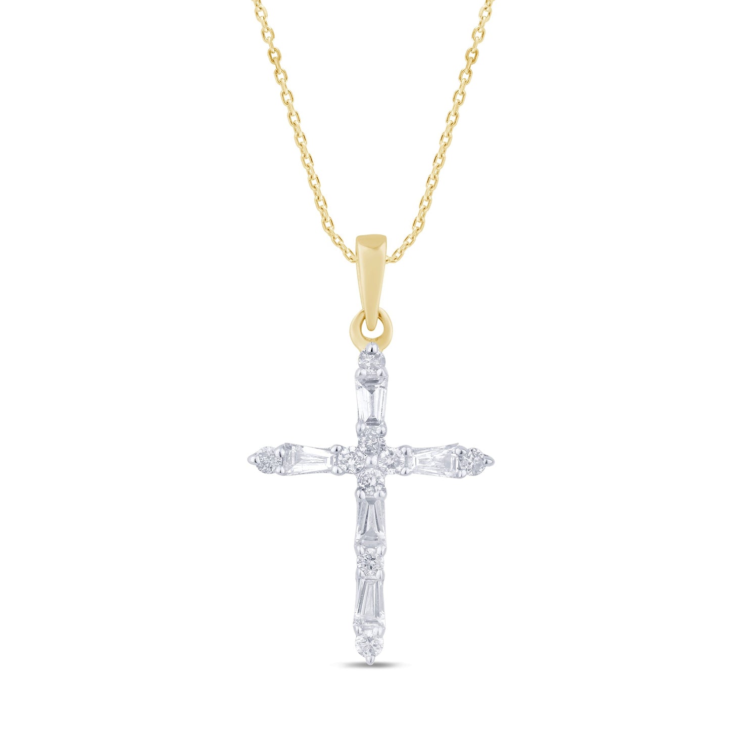 Muse Jewelry .21ct G SI 14K Yellow Gold Round & Baguette Diamond Cross Pendant Necklace 18" Long