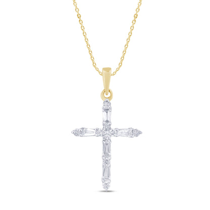 Muse Jewelry .21ct G SI 14K Yellow Gold Round & Baguette Diamond Cross Pendant Necklace 18" Long