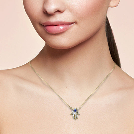 Muse Jewelry .31ct G SI 14K Yellow Gold Diamond & Blue Sapphire Hamsa Pendant Necklace 18" Long Chain