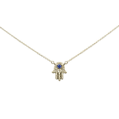 Muse Jewelry .31ct G SI 14K Yellow Gold Diamond & Blue Sapphire Hamsa Pendant Necklace 18" Long Chain