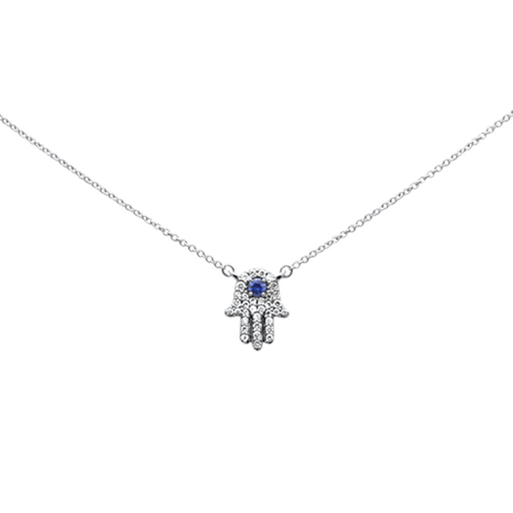 Muse Jewelry .32ct G SI 14K White Gold Diamond & Blue Sapphire Hamsa Pendant Necklace 18" Long Chain