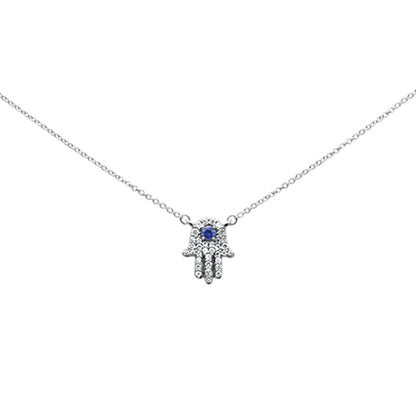 Muse Jewelry .32ct G SI 14K White Gold Diamond & Blue Sapphire Hamsa Pendant Necklace 18" Long Chain