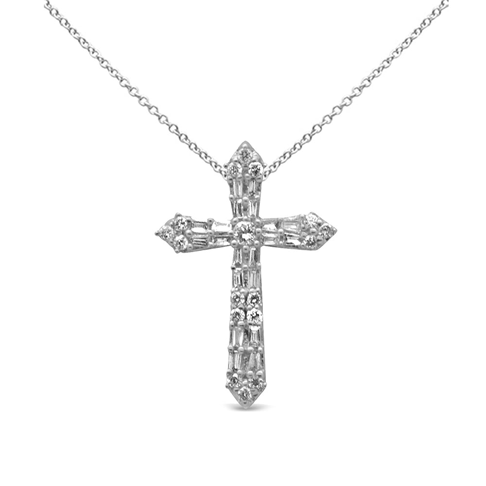 Muse Jewelry .29ct G SI 14K White Gold Round & Baguette Diamond Cross Pendant Necklace 18"