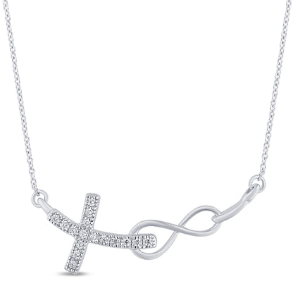 Muse Jewelry .06ct G SI 14K White Gold Diamond Infinity and Cross Sideways Pendant Necklace 18" Long Chain