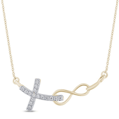 Muse Jewelry .06ct G SI 14K Yellow Gold Diamond Infinity and Cross Sideways Pendant Necklace 18" Long Chain