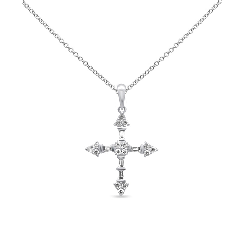 Muse Jewelry .19ct G SI 14K White Gold Round & Baguette Diamond Cross Pendant Necklace 18" Long