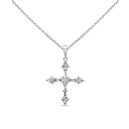 Muse Jewelry .19ct G SI 14K White Gold Round & Baguette Diamond Cross Pendant Necklace 18" Long