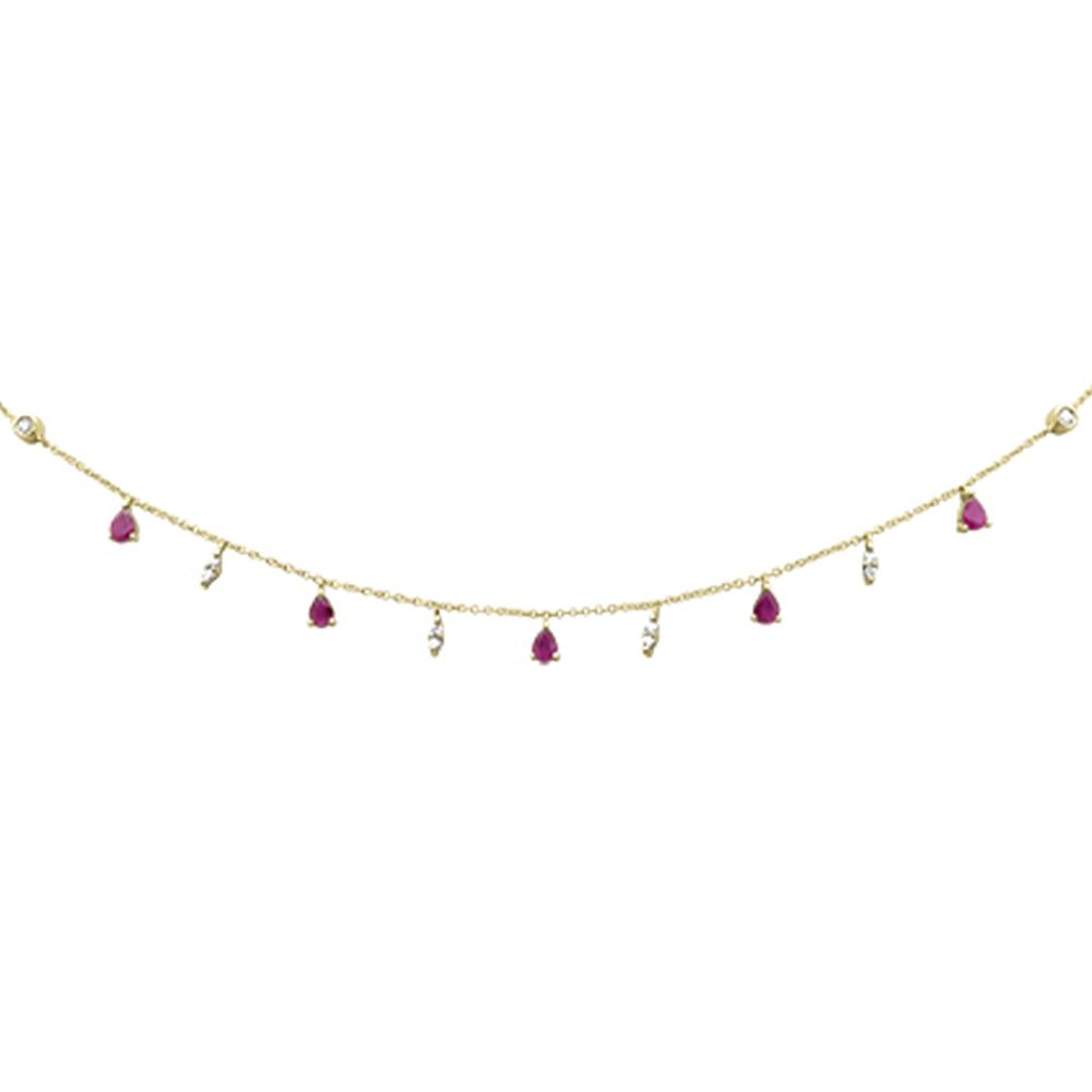 Muse Jewelry 1.06ct G SI 14K Yellow Gold Diamond & Ruby Gemstone Dangling Pendant Necklace 16+2"Ext Long Chain