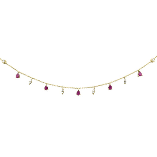 Muse Jewelry 1.06ct G SI 14K Yellow Gold Diamond & Ruby Gemstone Dangling Pendant Necklace 16+2"Ext Long Chain