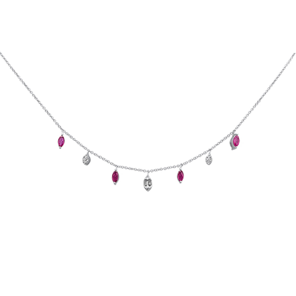 Muse Jewelry .88ct G SI 14K White Gold Diamond & Ruby Gemstone Dangling Pendant Necklace 16+2"Ext Long Chain