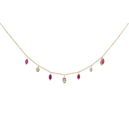 Muse Jewelry .80ct G SI 14K Yellow Gold Diamond & Ruby Gemstone Dangling Pendant Necklace 16+2"Ext Long Chain