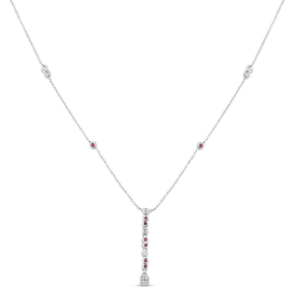 Muse Jewelry .26ct G SI 14K White Gold Diamond & Ruby Gemstone Pendant Necklace 16+2" Long Chain