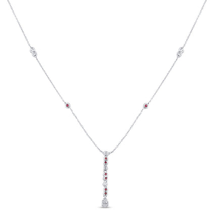 Muse Jewelry .26ct G SI 14K White Gold Diamond & Ruby Gemstone Pendant Necklace 16+2" Long Chain