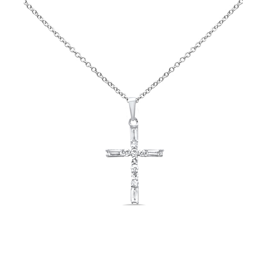 Muse Jewelry .30ct G SI 14K White Gold Round & Baguette Diamond Cross Pendant Necklace 18" Long