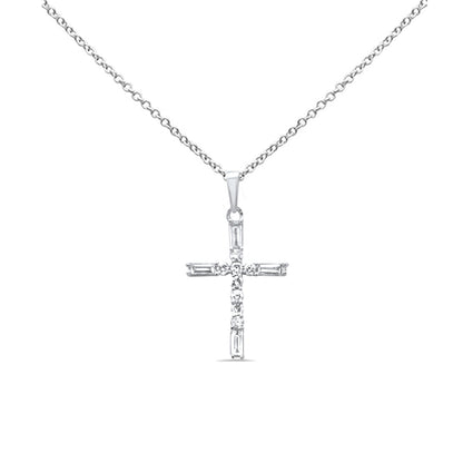 Muse Jewelry .30ct G SI 14K White Gold Round & Baguette Diamond Cross Pendant Necklace 18" Long