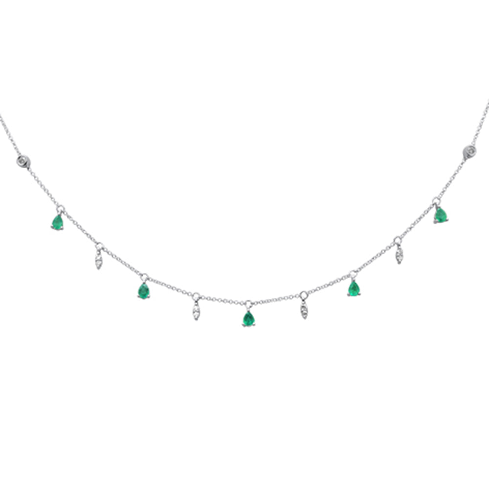 Muse Jewelry .92ct G SI 14K White Gold Diamond & Emerald Gemstone Pendant Necklace 16+2" Long Chain