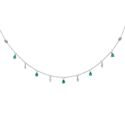 Muse Jewelry .92ct G SI 14K White Gold Diamond & Emerald Gemstone Pendant Necklace 16+2" Long Chain