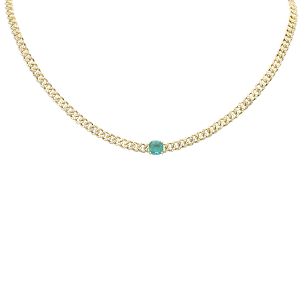 Muse Jewelry 2.31ct G SI 14K Yellow Gold Emerald Gemstone & Diamond Cuban Necklace 13+3" Long