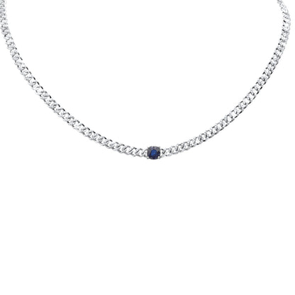 Muse Jewelry 2.46ct G SI 14K White Gold Blue Sapphire Gemstone & Diamond Cuban Necklace 13+3" Long