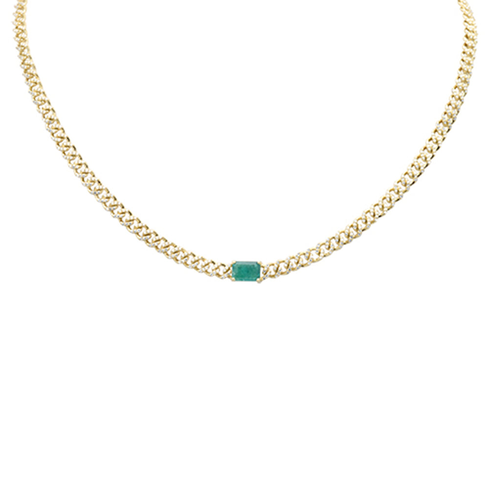 Muse Jewelry 2.45ct G SI 14K Yellow Gold Emerald Gemstone & Diamond Cuban Necklace 13+3" Long