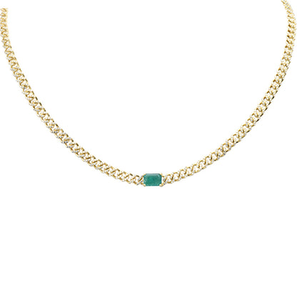 Muse Jewelry 1.73ct G SI 14K Yellow Gold Emerald Gemstone & Diamond Cuban Necklace 13+3" Long