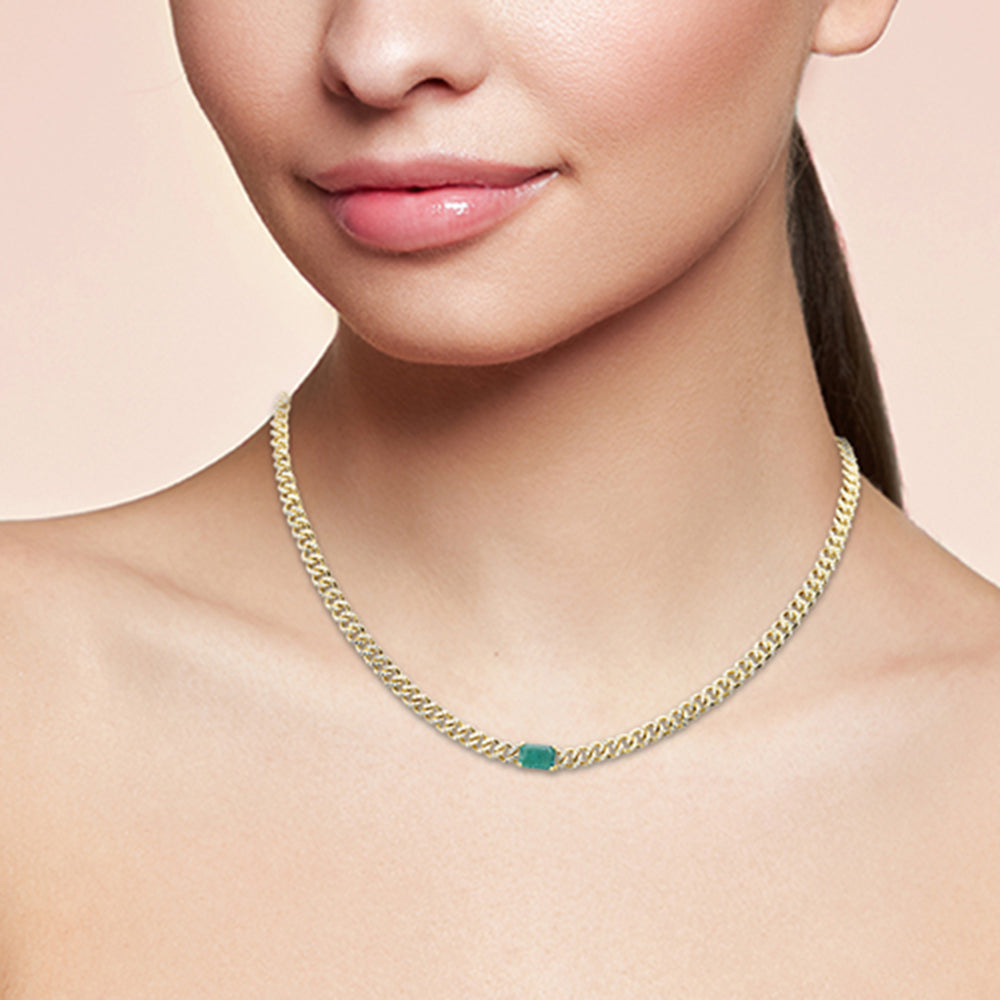 Muse Jewelry 1.73ct G SI 14K Yellow Gold Emerald Gemstone & Diamond Cuban Necklace 13+3" Long