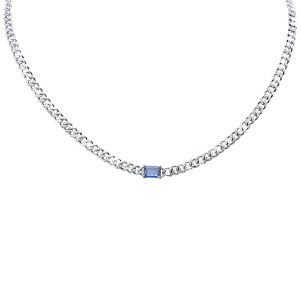 Muse Jewelry 2.66ct G SI 14K White Gold Blue Sapphire Gemstone & Diamond Cuban Necklace 13+3" Long