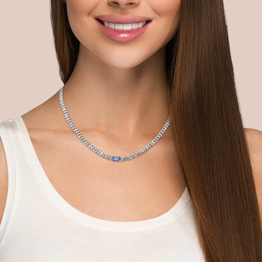 Muse Jewelry 2.66ct G SI 14K White Gold Blue Sapphire Gemstone & Diamond Cuban Necklace 13+3" Long