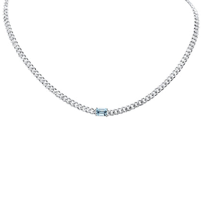 Muse Jewelry 2.19ct G SI 14K White Gold Aquamarine Gemstone & Diamond Cuban Necklace 13+3" Long