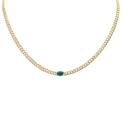 Muse Jewelry 2.05ct G SI 14K Yellow Gold Oval Shaped Emerald Gemstone & Diamond Cuban Necklace 13+3" Long