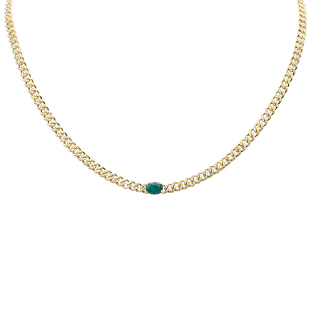 Muse Jewelry 1.68ct G SI 14K Yellow Gold Oval Shaped Emerald Gemstone & Diamond Cuban Necklace 13+3" Long