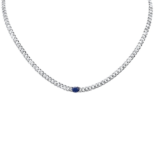 Muse Jewelry 2.49ct G SI 14K White Gold Oval Shaped Blue Sapphire Gemstone & Diamond Cuban Necklace 13+3" Long