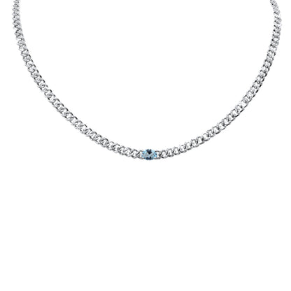 Muse Jewelry 2.03ct G SI 14K White Gold Oval Shaped Aqua Gemstone & Diamond Cuban Necklace 13+3" Long