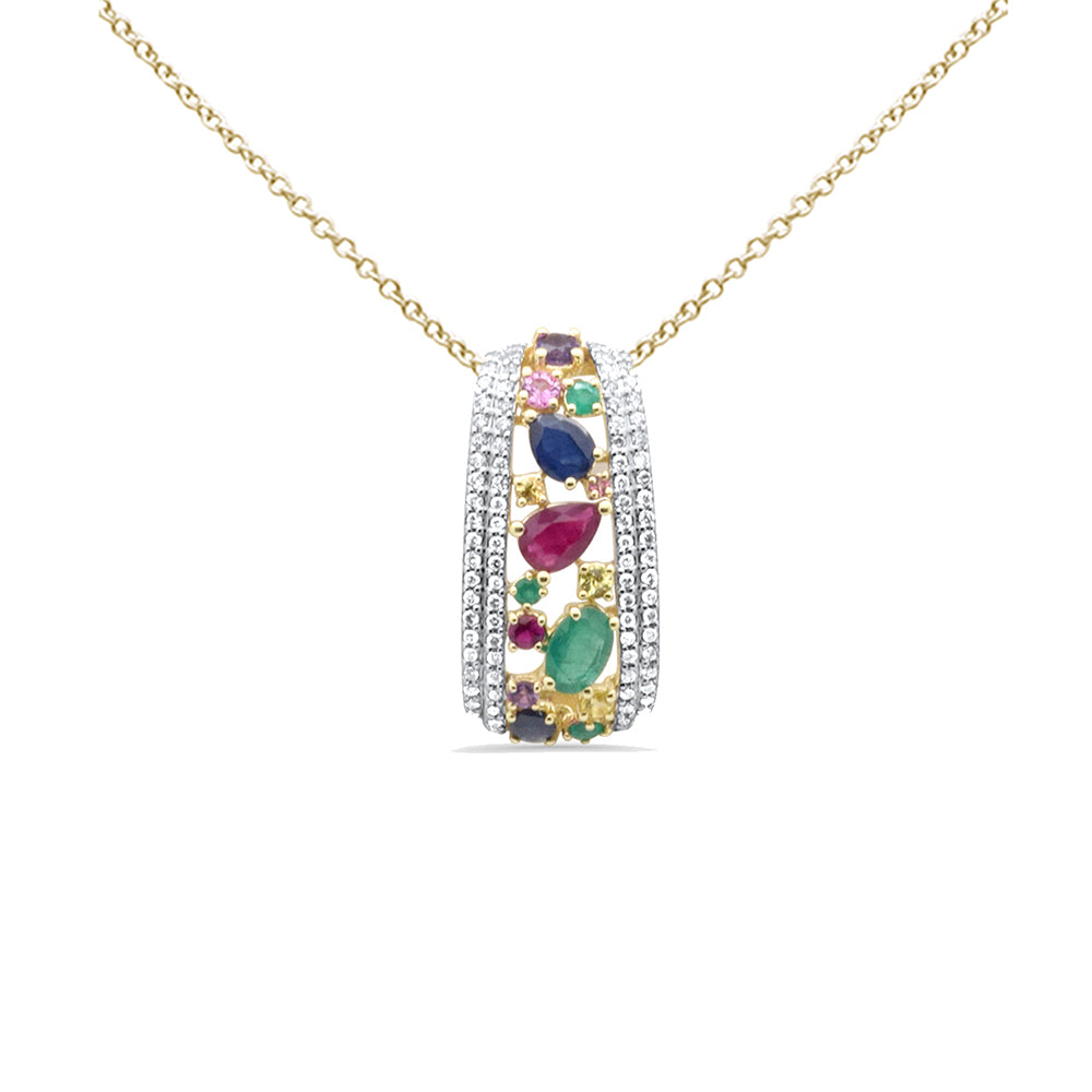 Muse Jewelry 2.53ct G SI 14K Yellow Gold Diamond & Multi Color Gemstones Pendant Necklace 18" Long