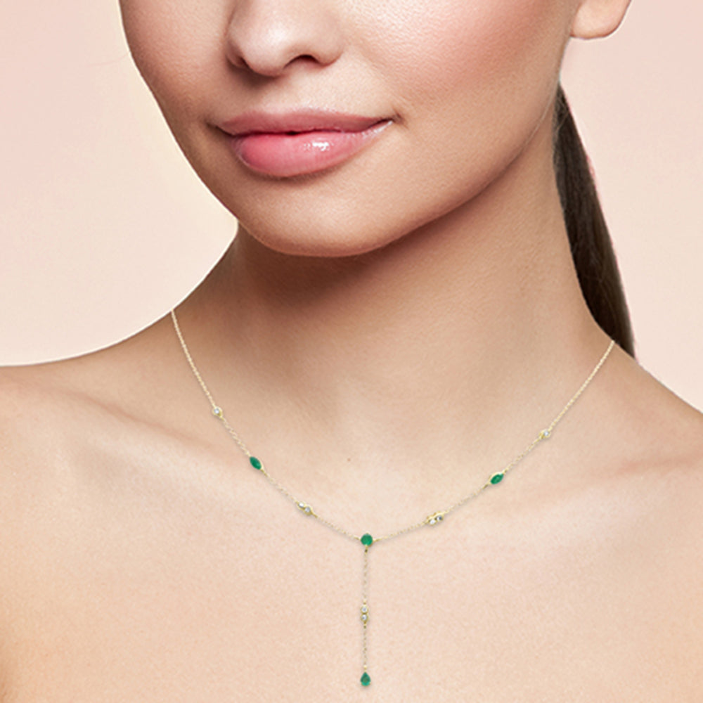 Muse Jewelry .79ct G SI 14K Yellow Gold Diamond & Emerald Gemstone Drop Lariat Pendant Necklace 16" +2" EXT