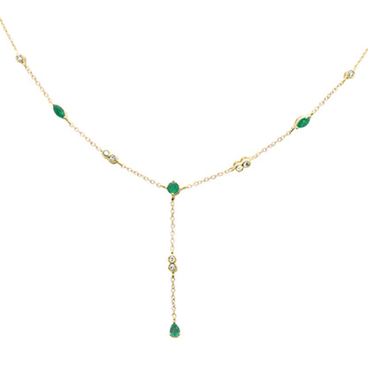 Muse Jewelry .79ct G SI 14K Yellow Gold Diamond & Emerald Gemstone Drop Lariat Pendant Necklace 16" +2" EXT