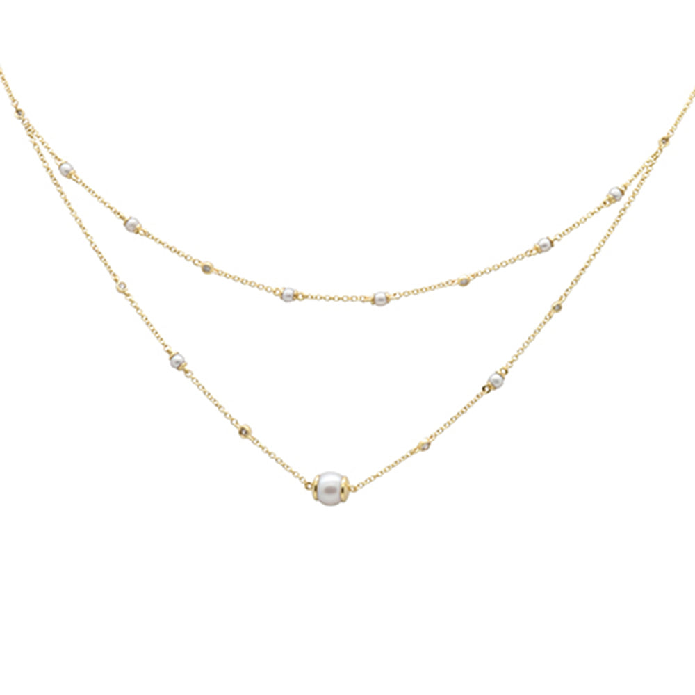 Muse Jewelry .20ct G SI 14K Yellow Gold Diamond Double Chain Pearl Pendant Necklace 16+2" Long